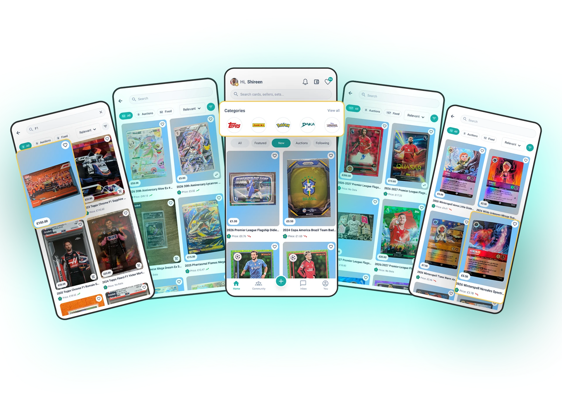 CHAAMO app showing marketplace categories and card listings